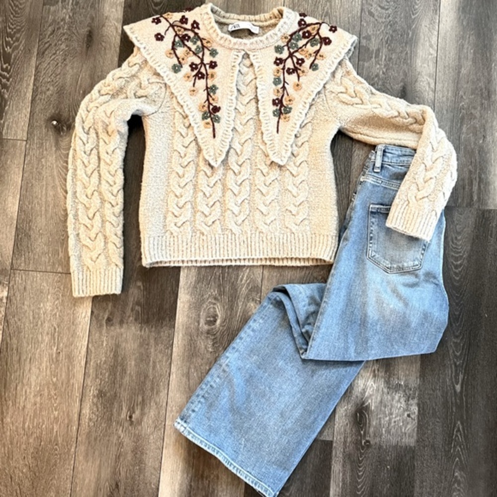 Zara Cream Cable Knit Sweater with Embroidered Collar